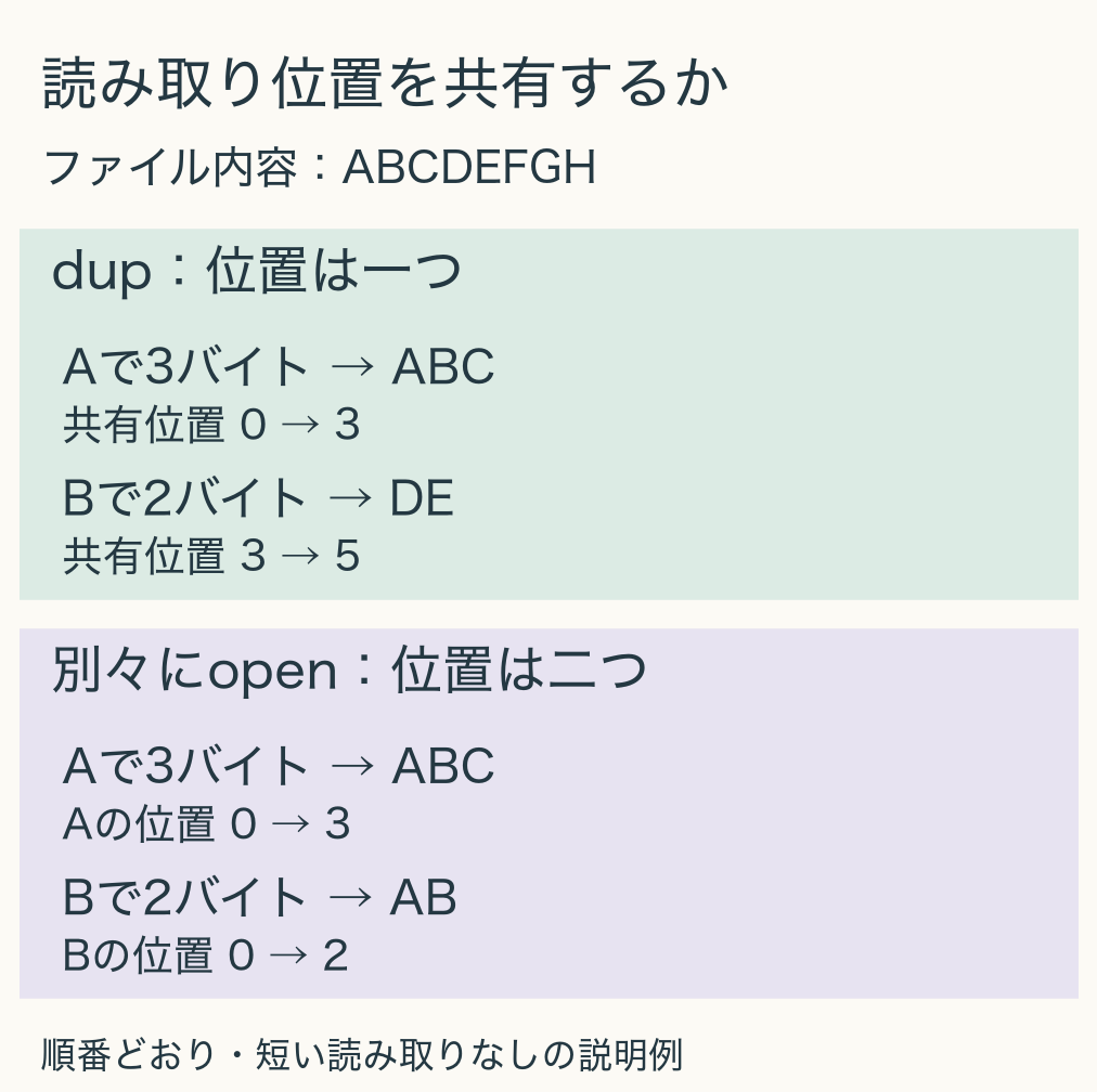 dupの例ではAの3バイト読取り後にBがDEを読み共有位置は5になる。別々のopenではAがABC、BがABを読み位置は3と2に分かれる。