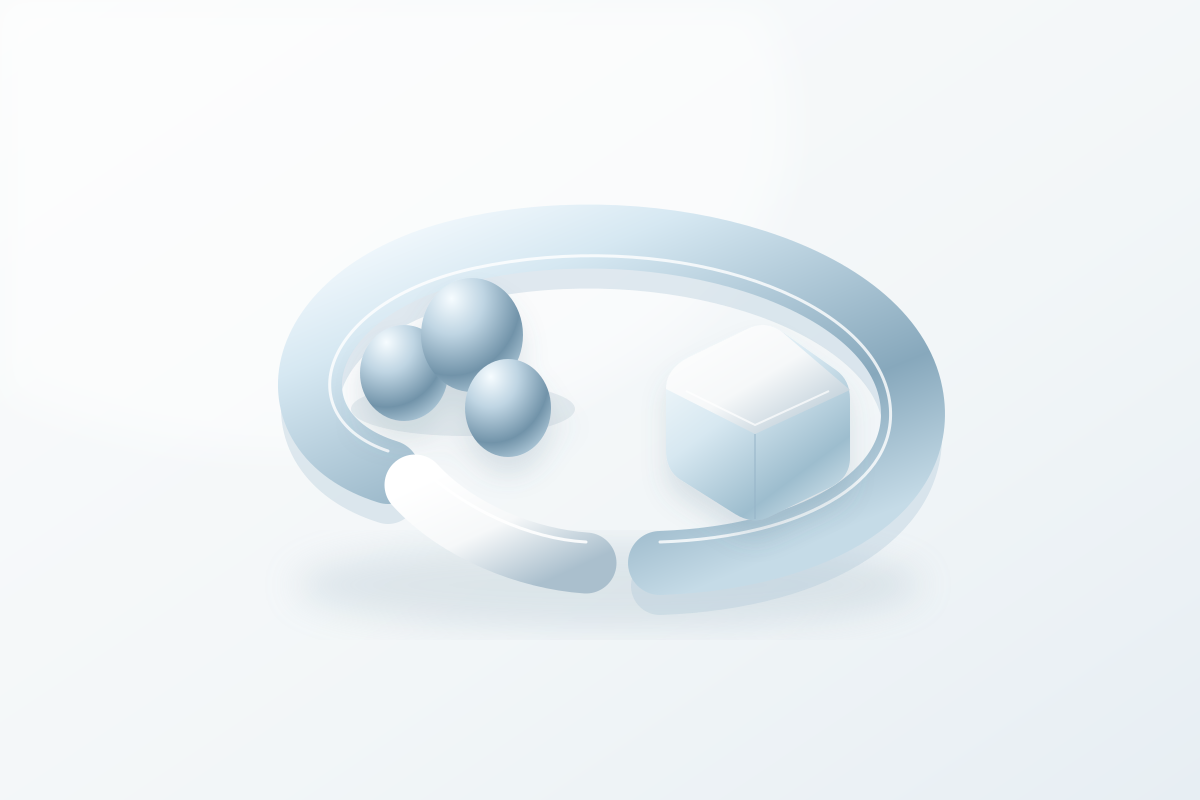 淡青の開いた輪の内側で、丸みのある三つの形と角のある立体が向かい合い、予測と実験の往復を表した概念図。
