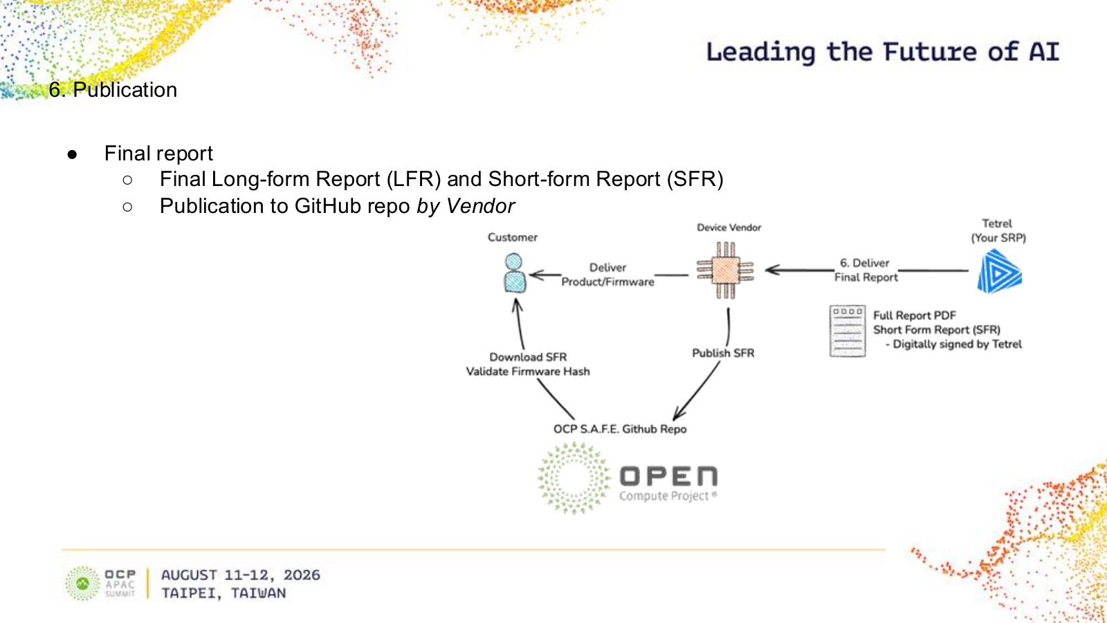 Tetrelを審査会社の例として、報告がメーカーへ渡り、メーカーが短報をOCPのGitHubへ公開し、顧客が短報とファームウェアのハッシュを照合する流れ